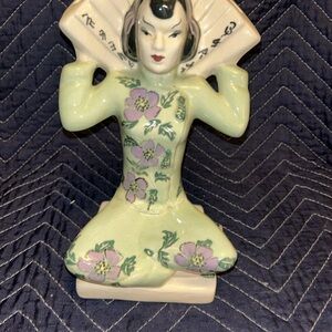Porcelain Floral Japanese Geisha Figurine - Pale Green and Pink